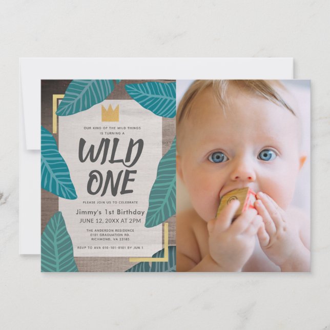 Wild One Wild Things Crown Photo Boy 1st Birthday Invitation (Front)
