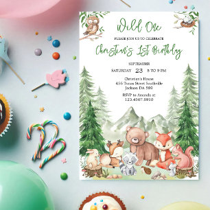 Wild One Woodland Animals 1st Birthday Invitation