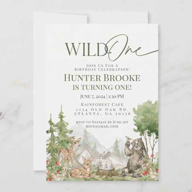 Wild One Woodland Animals 1st Birthday Part Invite (Front)