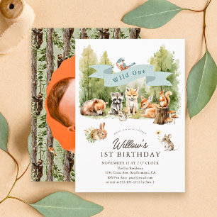 Wild One Woodland Animals Blue 1st Birthday Photo Invitation