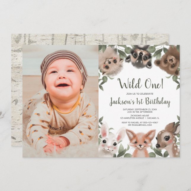 Wild One woodland animals boys 1st birthday photo Invitation (Front/Back)