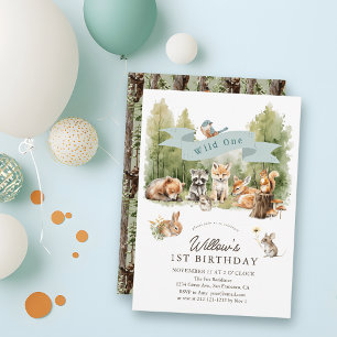 Wild One Woodland Animals Forest Boy 1st Birthday Invitation