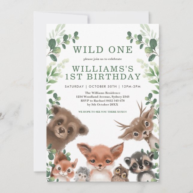 Wild One Woodland Animals Greenery Forest Birthday Invitation (Front)