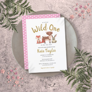 Wild One Woodland Animals Pink Baby Shower Invitation