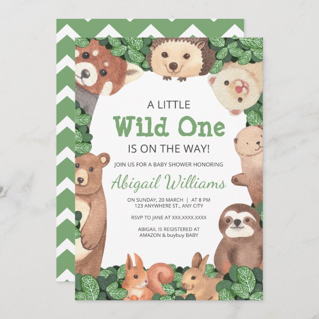 Wild One Woodland Animals w Bear Green Baby Shower Invitation (Front/Back)
