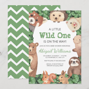 Wild One Woodland Animals w Bear Green Baby Shower Invitation