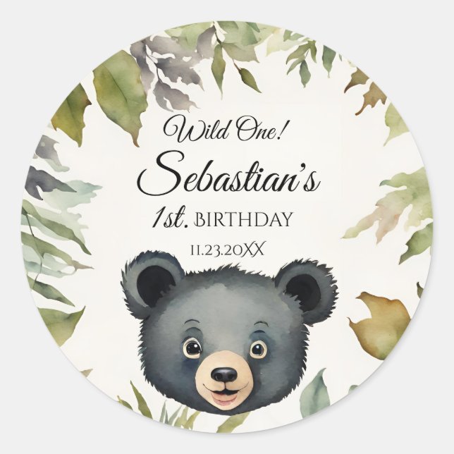 Wild One Woodland Bear Birthday Party Classic Round Sticker (Front)