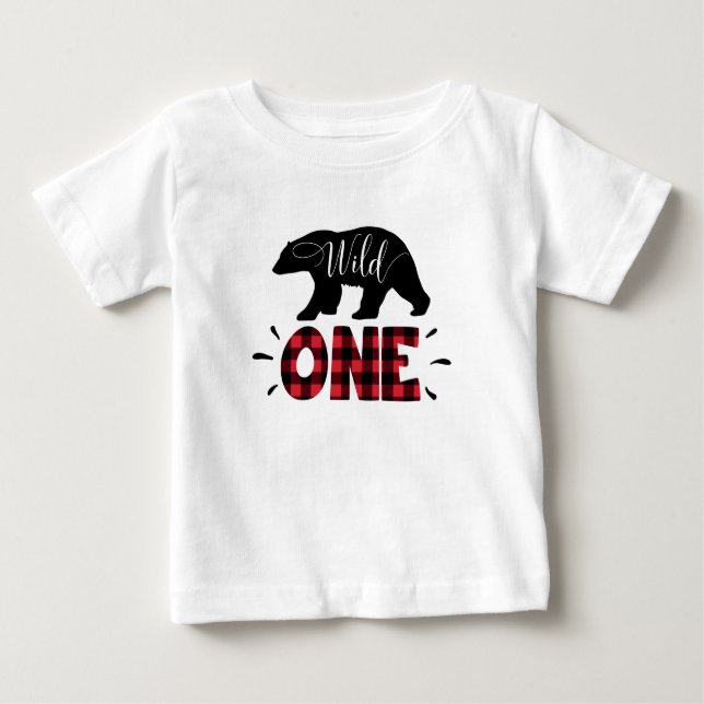 Wild One Woodland Bear Plaid 1st Birthday T-Shirt (Front)