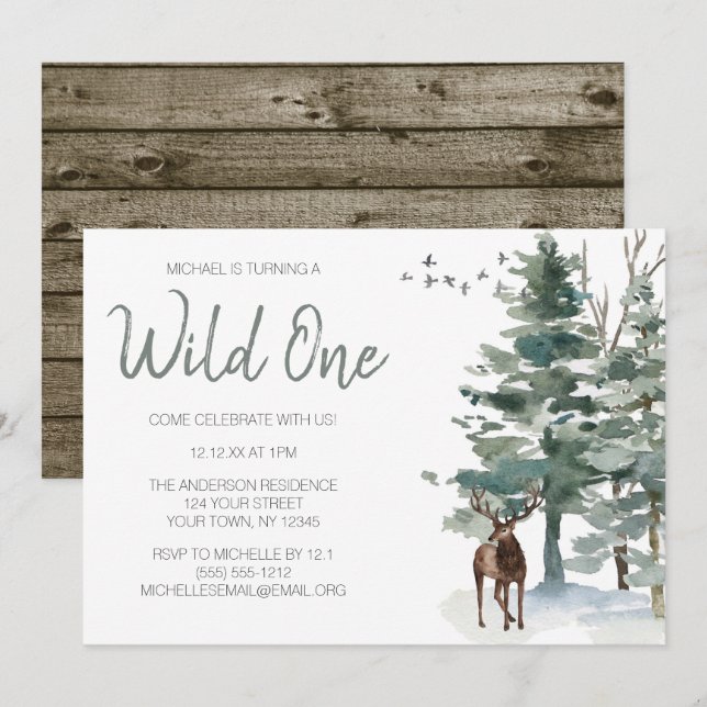 Wild One Woodland Deer Forest Pine First Birthday Invitation (Front/Back)