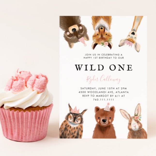 Wild One Woodland Pink First Birthday Party  Invitation (Creator Uploaded)