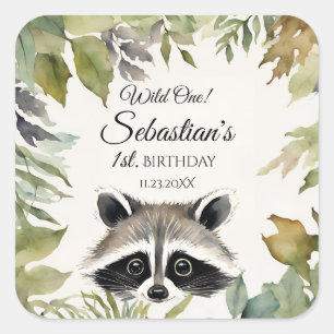 Wild One Woodland Racoon Birthday Party Square Sticker