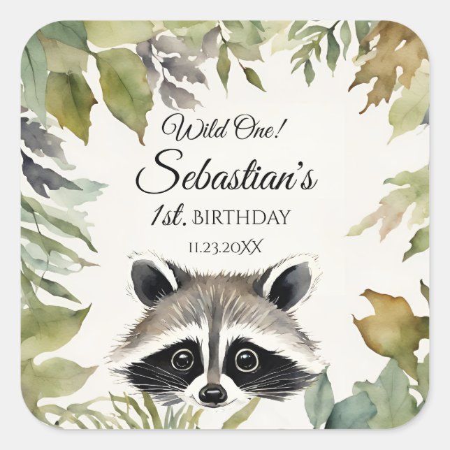 Wild One Woodland Racoon Birthday Party Square Sticker (Front)