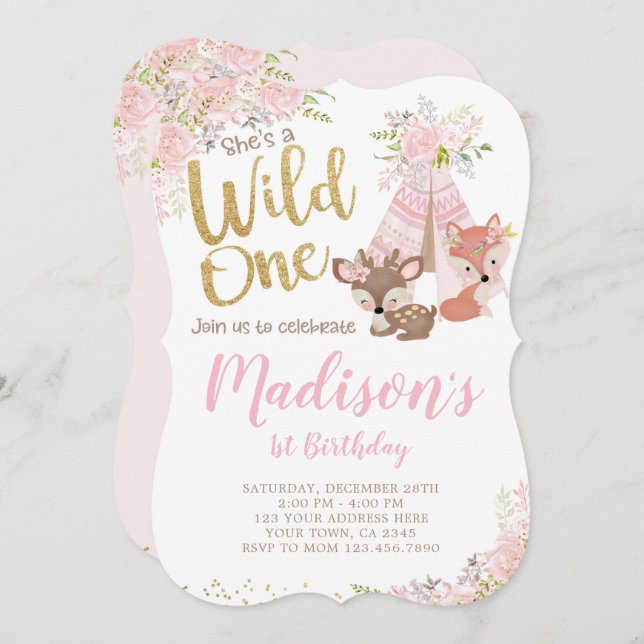 Wild One, Woodland, Tribal Invitation (Front/Back)