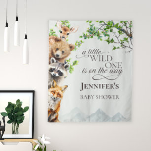 Wild One Woodland Wildlife Baby Shower Backdrop  Tapestry