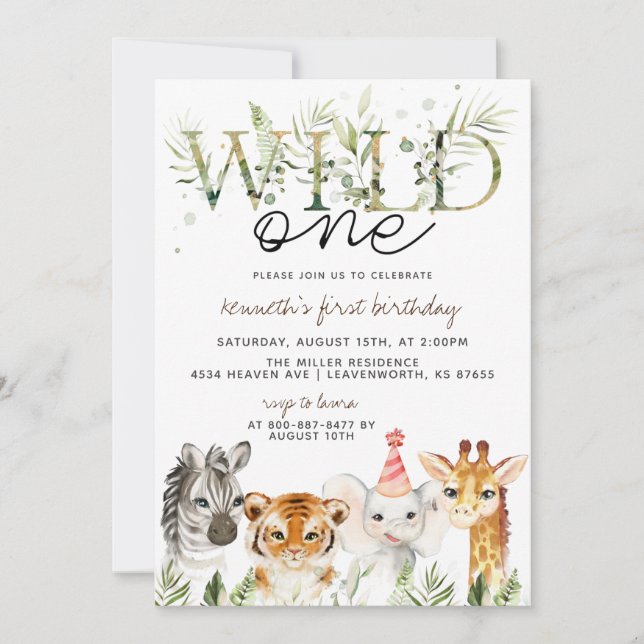 Wild One Zoo Animal Birthday Invitation (Front)