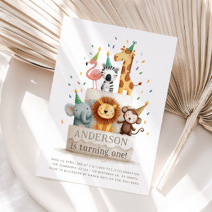 Wild One Zoo Animals Neutral First Birthday Party Invitation