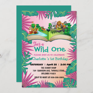 Wild One Zoo jungle 1st Animals Book Birthday kids Invitation