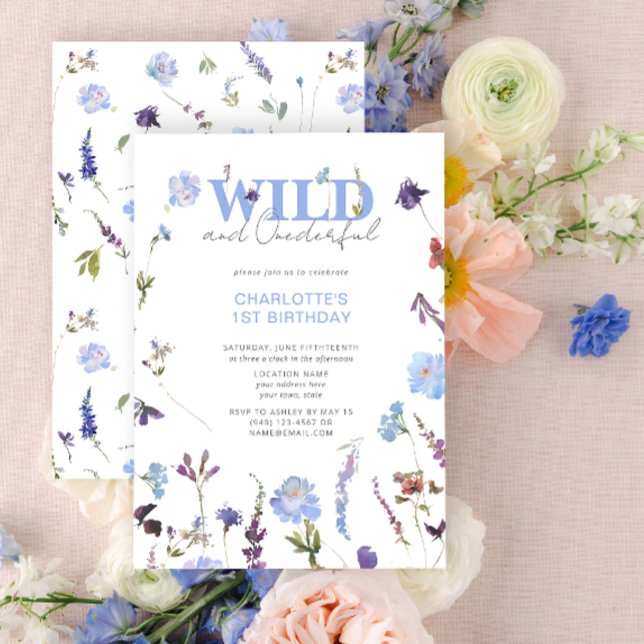 Wild & Onederful Girl 1st Birthday Blue Floral Invitation (1st Birthday Invitation)