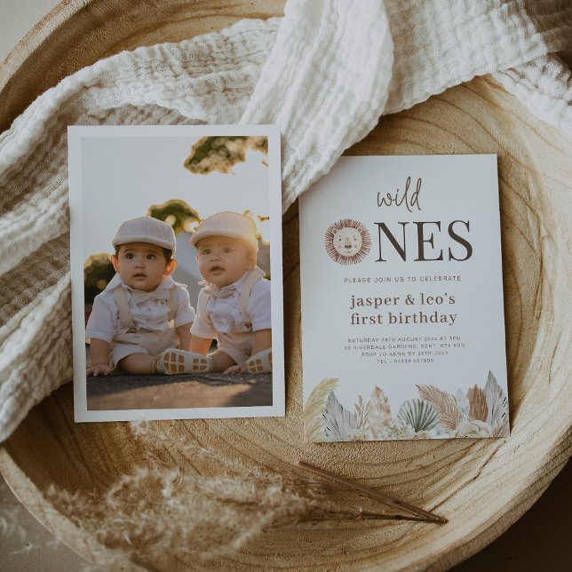 Wild Ones Twins Neutral Leaves - Photo Birthday Invitation (Wild Ones Twins Neutral Leaves - Photo Birthday Invitation)