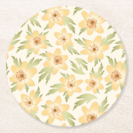 Wild Orange Anemone Flowers - seamless pattern. Round Paper Coaster