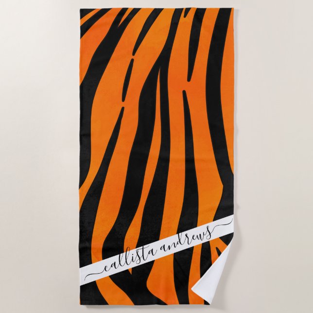 Wild Orange Black Tiger Stripes Animal Print Beach Towel (Front)