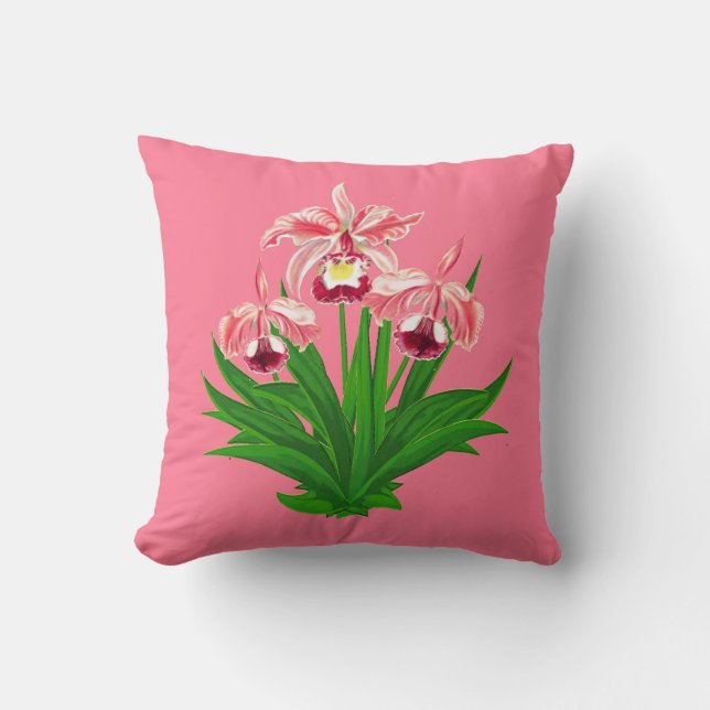 Wild Orchids - Coral Pink Orchids and Foliage  Cushion (Front)