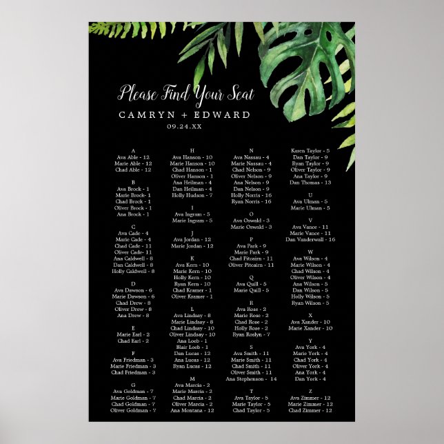 Wild Palm | Black Alphabetical Seating Chart (Front)