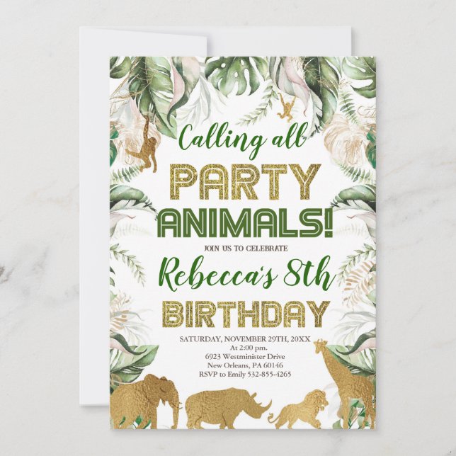 Wild Party Animals Birthday, Any Age, Safari Invitation (Front)