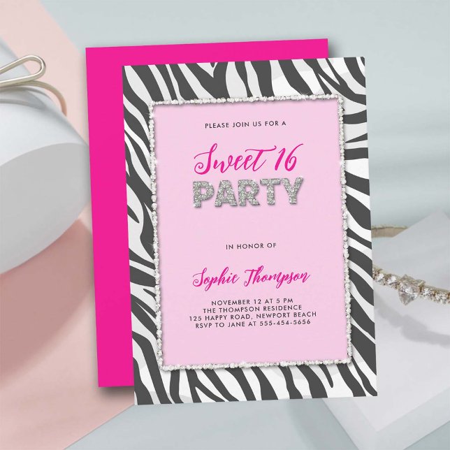 Wild Party Zebra Print Rhinestone Frame Sweet 16 Invitation (sweet 16 party invitation wild animal zebra print hot pink rhinestone frame elegant girly classy)