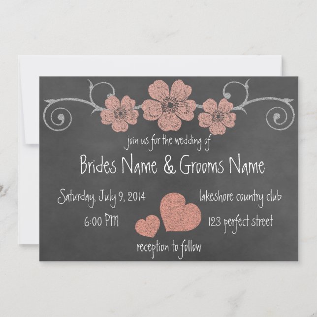 Wild Peach Roses Chalkboard Wedding Invitation (Front)