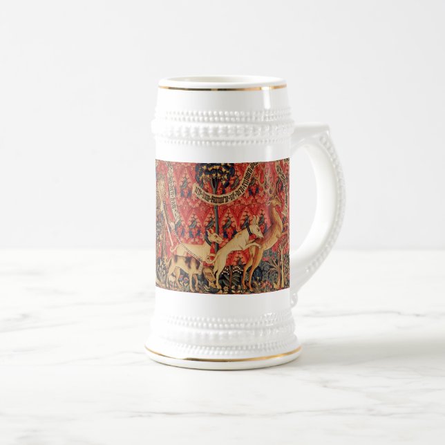 WILD PEOPLE IN DEER HUNT, Animals ,Red Floral Beer Stein (Front Right)