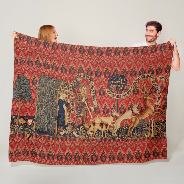WILD PEOPLE IN DEER HUNT, Animals ,Red Floral Fleece Blanket (In Situ)