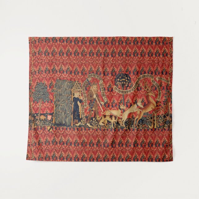 WILD PEOPLE IN DEER HUNT, Animals ,Red Floral Tapestry (Front (Horizontal))