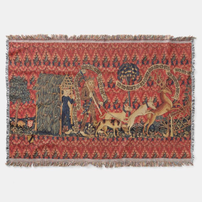 WILD PEOPLE IN DEER HUNT, Animals ,Red Floral Throw Blanket (Front)