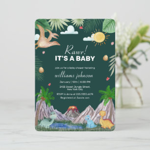 Wild Pine Green Rawr Volcano Dinosaur Baby Shower Invitation