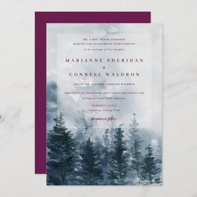Wild Pines | Navy + Berry Wedding Invitation (Front/Back)
