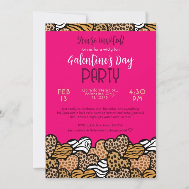 Wild Pink Animal Print Heart Galentine's Day Party Invitation (Front)