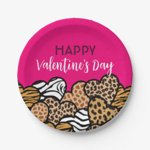 Wild Pink Animal Print Heart Valentine's Day Party Paper Plate