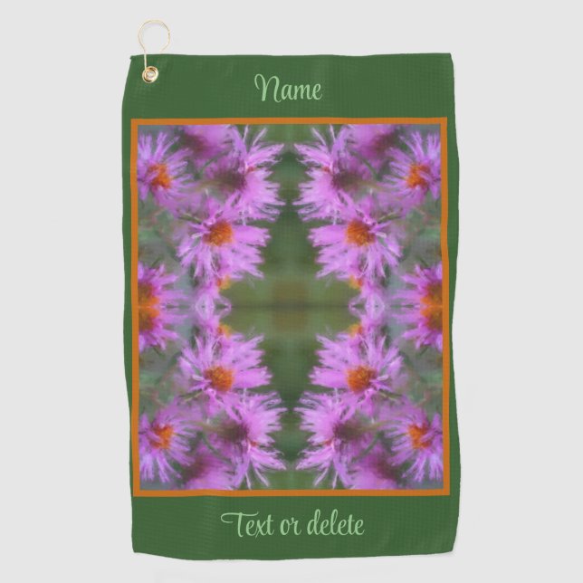 Wild Pink Asters Flower Art Personalised Golf Towel (Front)
