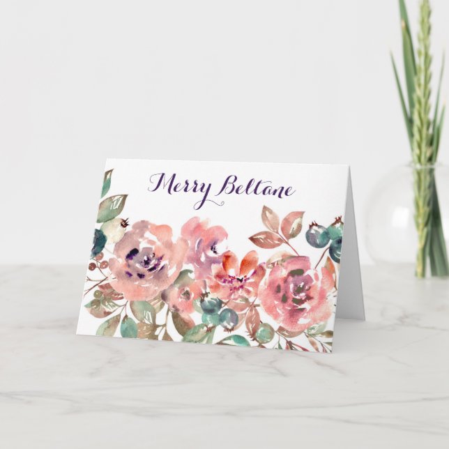 Wild Pink Flowers & Berry Watercolor Beltane Holiday Card (Front)