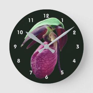 Wild Pink Lady Slipper Flower Round Clock
