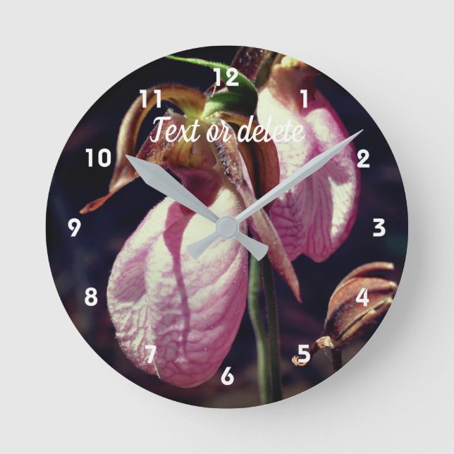 Wild Pink Lady Slipper Orchid Pair Personalized Round Clock (Front)