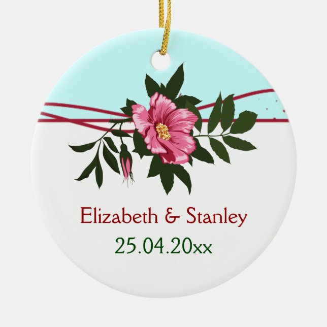 Wild pink rose floral wedding keepsake ornament (Front)