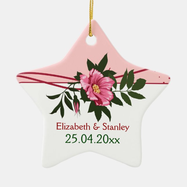 Wild pink rose floral wedding keepsake ornament (Front)