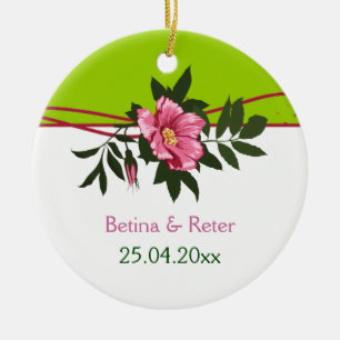 Wild pink rose floral wedding lime green keepsake ceramic tree decoration