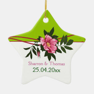 Wild pink rose floral wedding mint green keepsake ceramic tree decoration