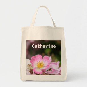 wild pink rose flower tote bag. add your name. bag