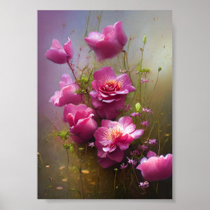 Wild pink roses in mist poster