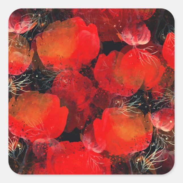 Wild Poppies Watercolor Digital Drawing Square Sticker (Front)