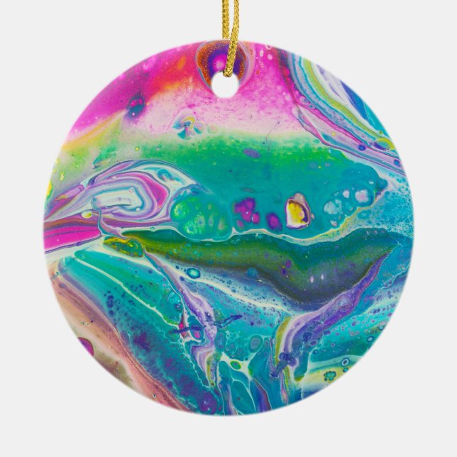 Wild Psychedelic Acrylic Pour Art Ceramic Tree Decoration (Front)